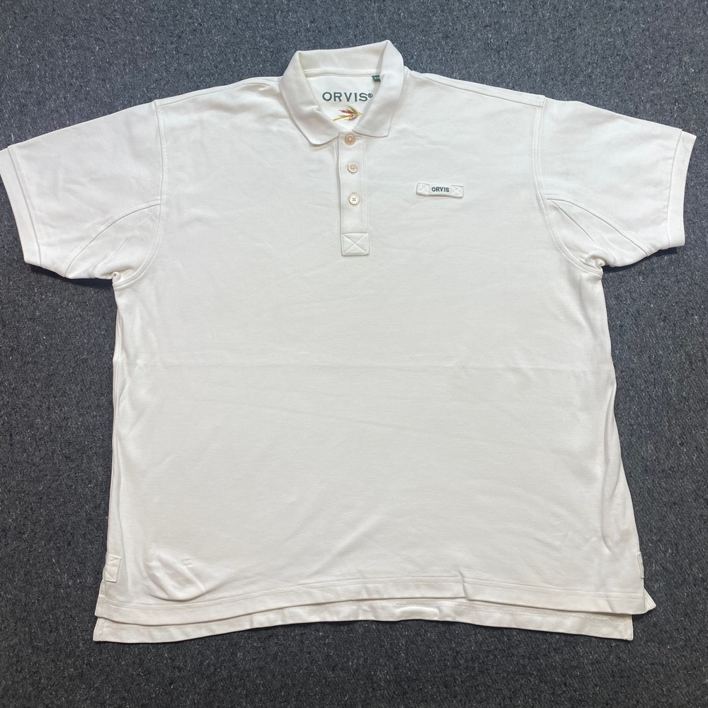 Orvis Polo Shirt Sz XXL Mens White Gorpcore Fly Fishing Pique Short Sleeve Logo